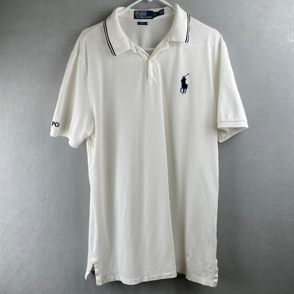 Vintage Polo Ralph Lauren White Pro‎ Fit S/S Classic Big Pony Logo Shirt Mens XL